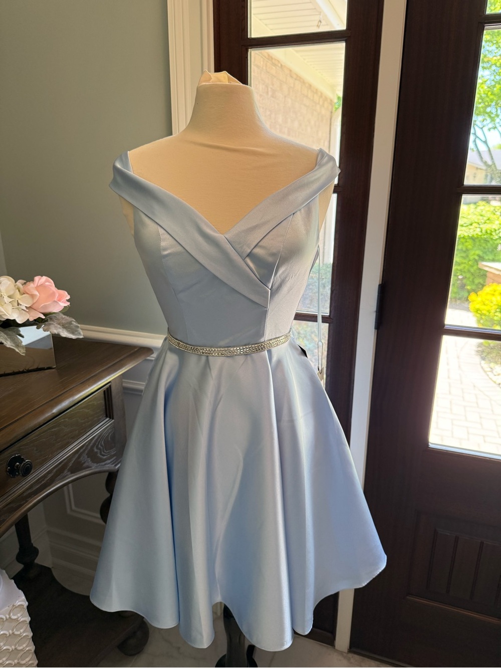 Off-Shoulder Light Blue Satin Mini Dress with Rhinestone Belt